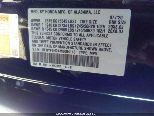 2021 Honda Pilot, VIN: 5FNYF5H24MB004113