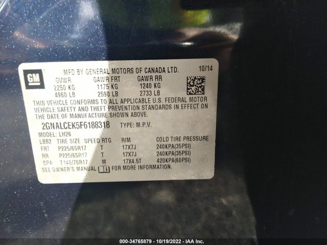 Chevrolet EQUINOX LT 2015 2GNALCEK5F6188318 Image 11