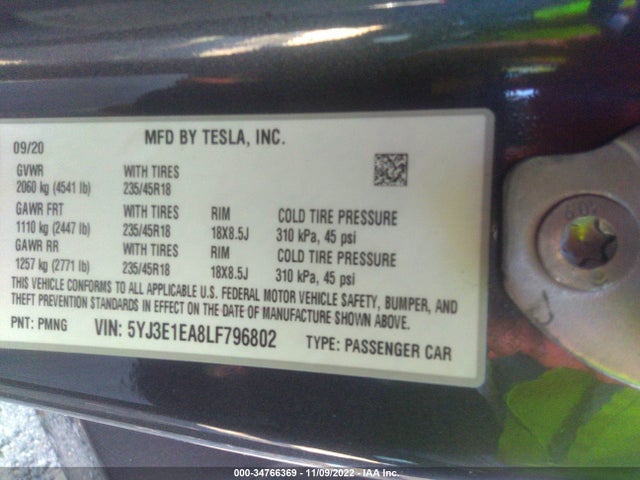 Tesla MODEL 3 2020 5YJ3E1EA8LF796802 Image 10