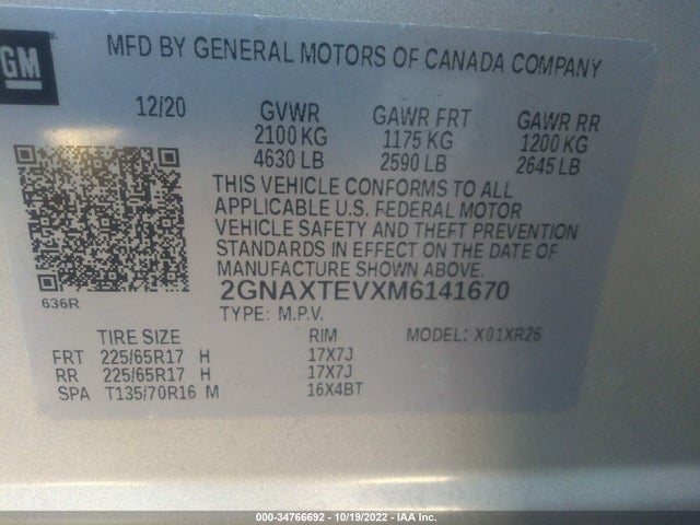 Chevrolet EQUINOX LT 2021 2GNAXTEVXM6141670 Image 9