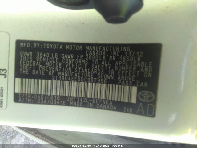 2013 TOYOTA COROLLA L/LE/S VIN: 2T1BU4EEXDC997996