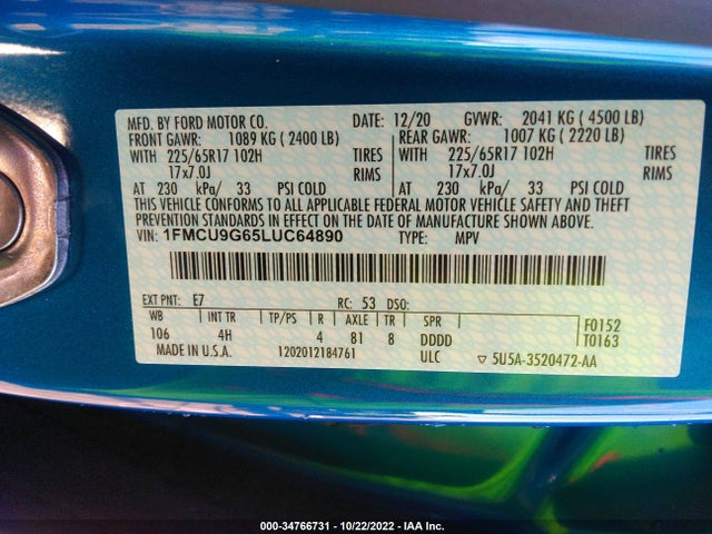 2020 FORD ESCAPE SE VIN: 1FMCU9G65LUC64890