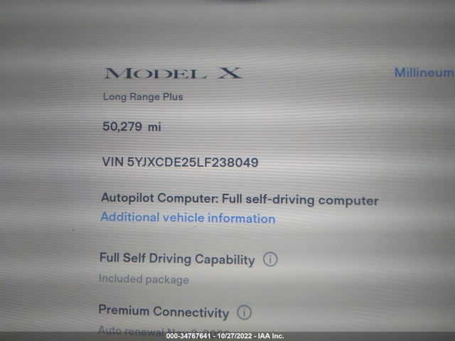 2020 Tesla Model X, VIN: 5YJXCDE25LF238049