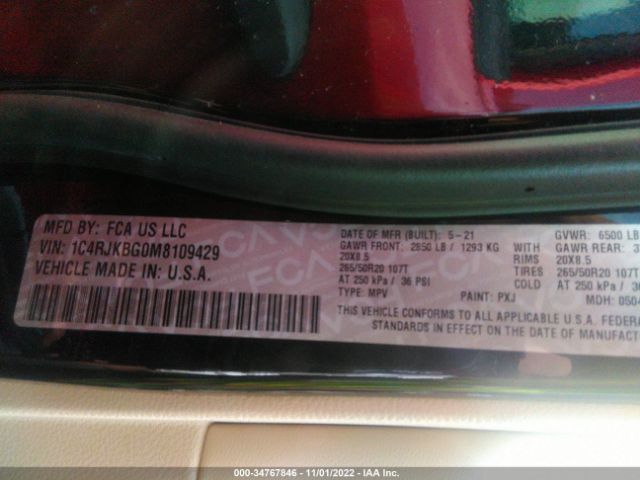 1C4RJKBG0M8109429 Jeep Grand Cherokee L Limited