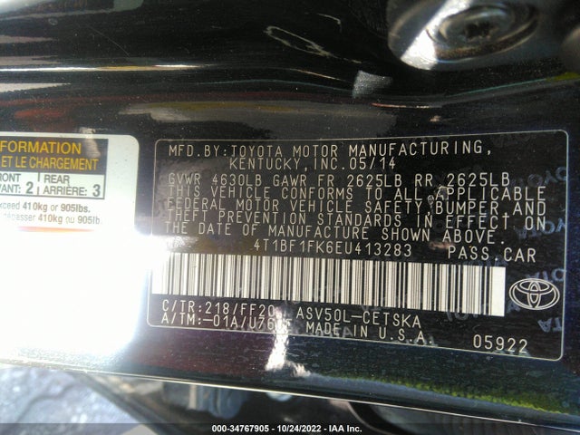 2014 TOYOTA CAMRY L/LE/XLE/SE/SE SPORT VIN: 4T1BF1FK6EU413283