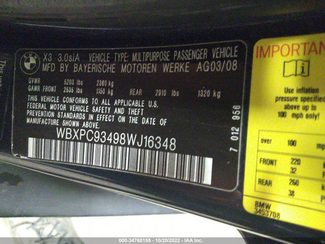 BMW X3 2008 WBXPC93498WJ16348 Image 10