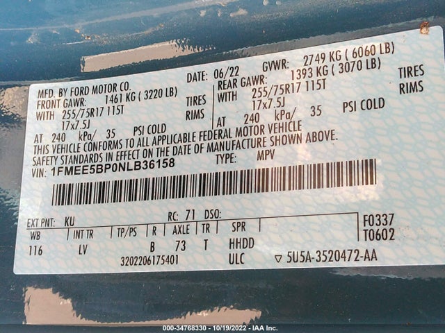 2022 Ford Bronco, VIN: 1FMEE5BP0NLB36158
