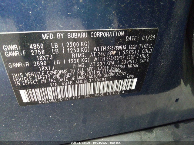 Subaru Outback Limited 2020 4S4BTANC6L3170094 Image 10
