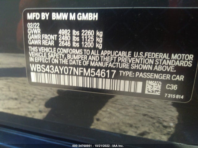 2022 BMW M3, VIN: WBS43AY07NFM54617