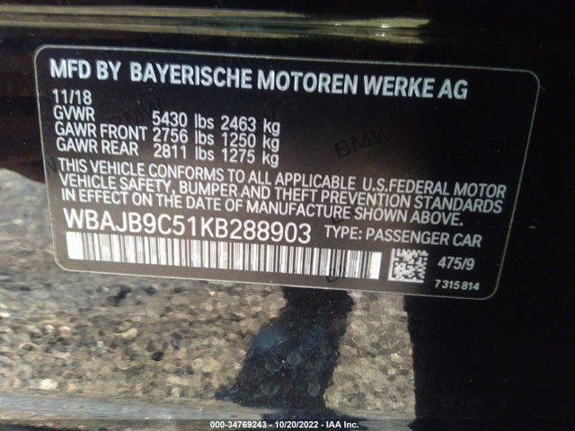 2019 BMW 5 SERIES M550I XDRIVE VIN: WBAJB9C51KB288903