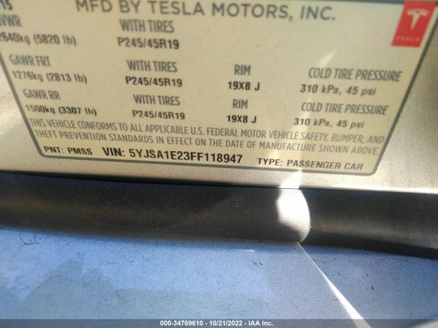 2015 Tesla Model S, VIN: 5YJSA1E23FF118947