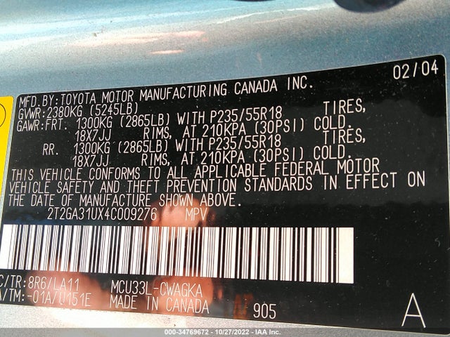 2004 LEXUS RX 330 VIN: 2T2GA31UX4C009276