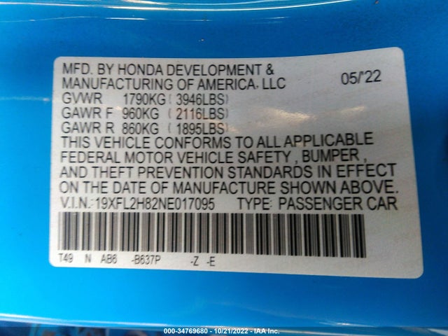 2022 HONDA CIVIC HATCHBACK SPORT VIN: 19XFL2H82NE017095