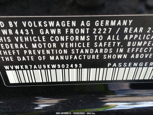 2019 Volkswagen Golf, VIN: WVWKR7AU9KW902493