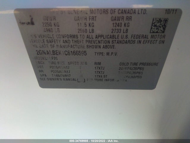 2012 CHEVROLET EQUINOX LS VIN: 2GNALBEK1C6166595