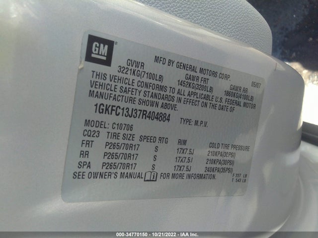 GMC YUKON SLT 2007 1GKFC13J37R404884 Image 10