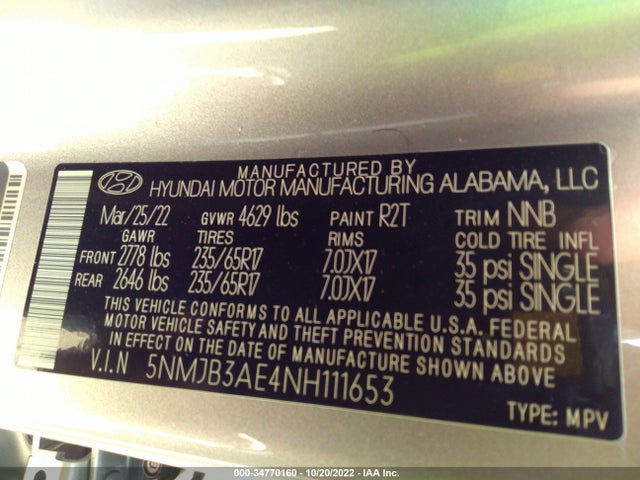 2022 HYUNDAI TUCSON SEL VIN: 5NMJB3AE4NH111653