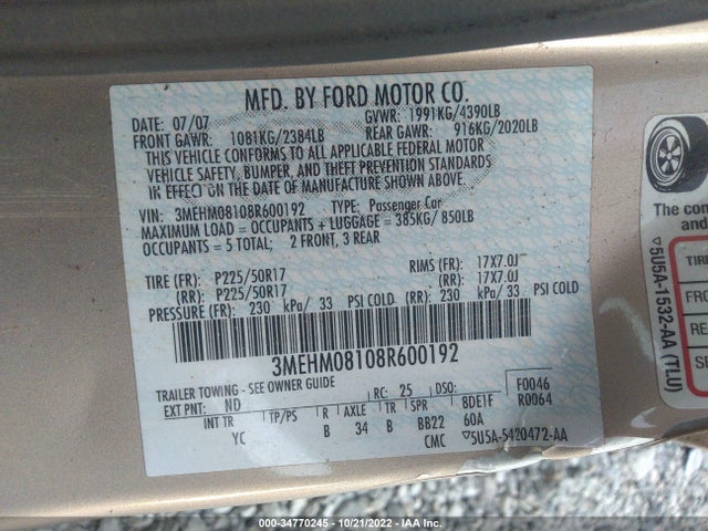 2008 MERCURY MILAN PREMIER VIN: 3MEHM08108R600192