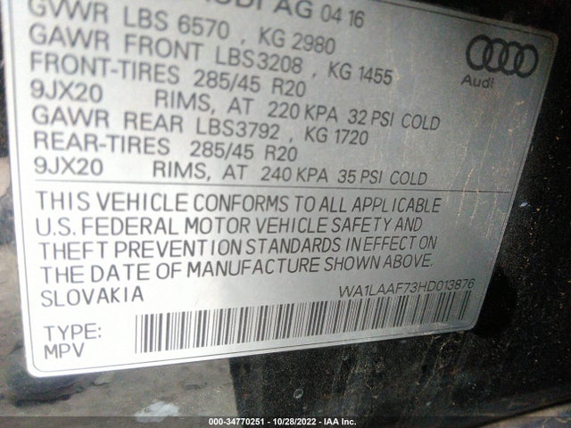 2017 Audi Q7, VIN: WA1LAAF73HD013876