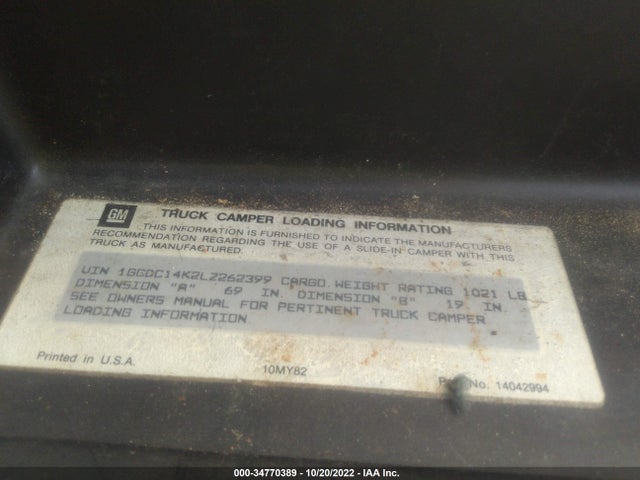1990 CHEVROLET GMT-400 C1500 VIN: 1GCDC14K2LZ262399