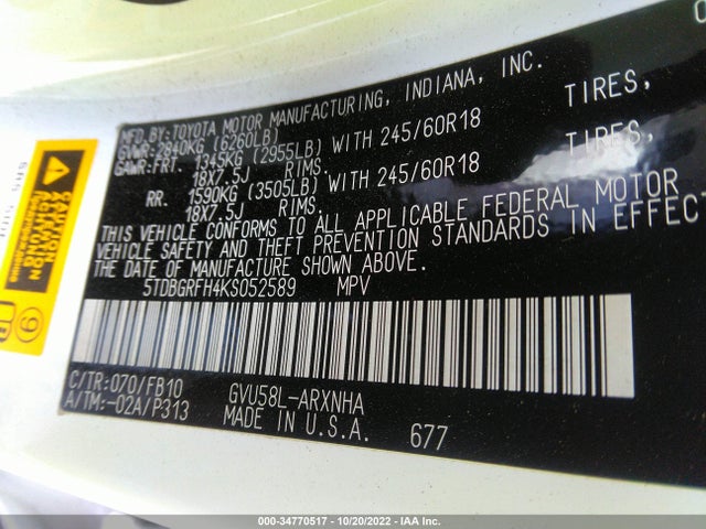 2019 Toyota Highlander, VIN: 5TDBGRFH4KS052589