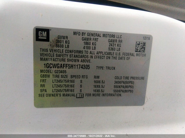 Chevrolet EXPRESS CARGO VAN 2017 1GCWGAFF5H1174305 Image 10