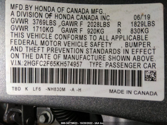 2019 HONDA CIVIC SEDAN LX VIN: 2HGFC2F65KH574957