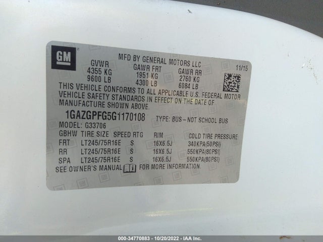2016 Chevrolet Express, VIN: 1GAZGPFG5G1170108