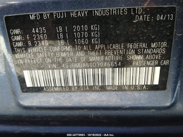 Subaru Legacy 2.5i 2013 4S3BMBA60D3046654 Image 10