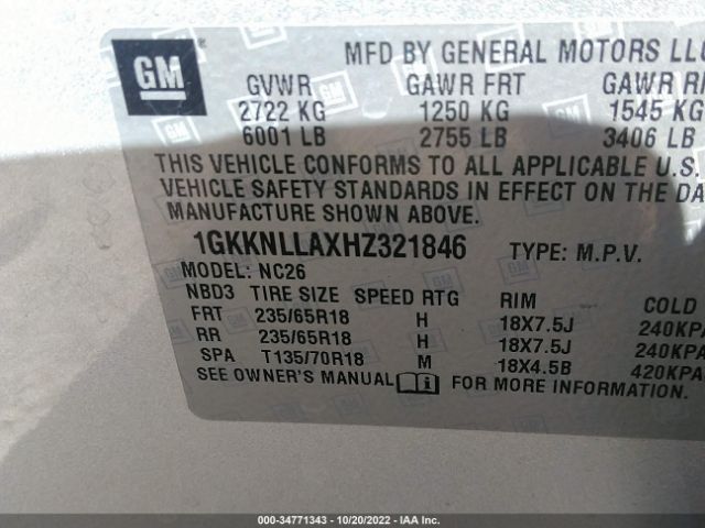 1GKKNLLAXHZ321846 GMC ACADIA SLE