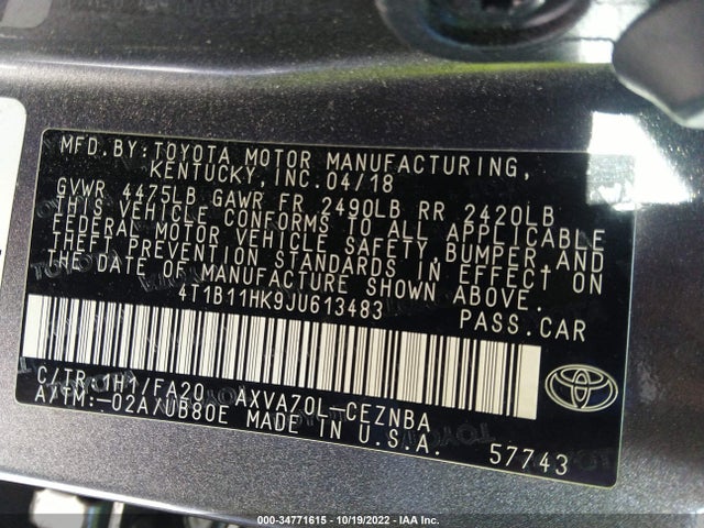 4T1B11HK9JU613483 Toyota CAMRY LE