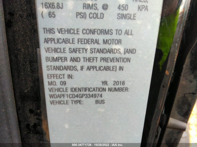 2016 Mercedes-Benz Sprinter, VIN: WDAPF1CD4GP334974