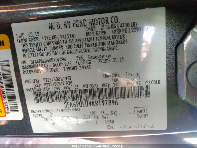 2019 Ford Fusion, VIN: 3FA6P0LU4KR197896