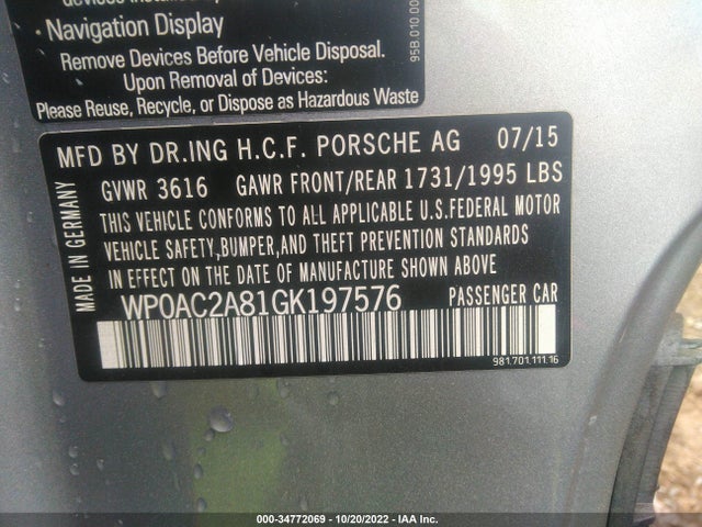 2016 Porsche Cayman, VIN: WP0AC2A81GK197576