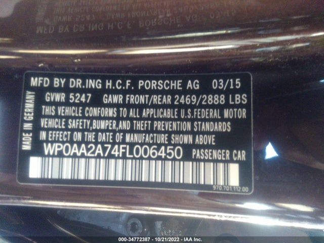 2015 Porsche Panamera, VIN: WP0AA2A74FL006450