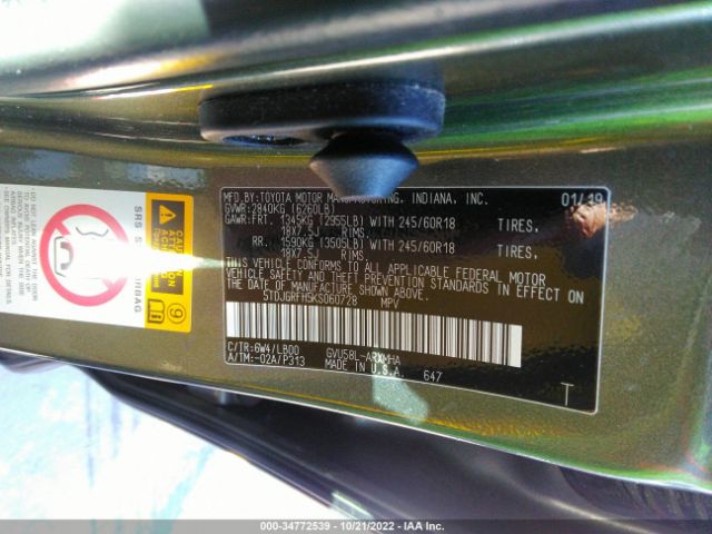 5TDJGRFH5KS060728 Toyota Highlander Hybrid Xle