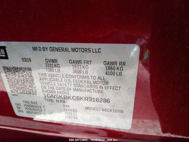2019 Chevrolet Tahoe, VIN: 1GNSKBKC6KR316286