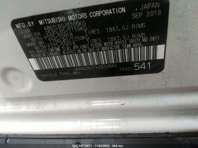2019 Mitsubishi Outlander, VIN: JA4AD2A31KZ012860