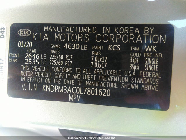 2020 Kia Sportage, VIN: KNDPM3AC0L7801620