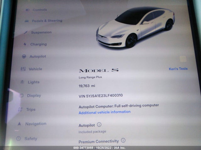 2020 Tesla Model S, VIN: 5YJSA1E23LF400310