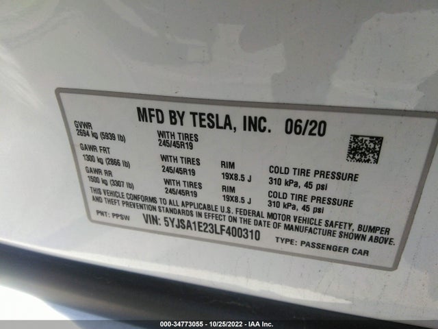 2020 Tesla Model S, VIN: 5YJSA1E23LF400310