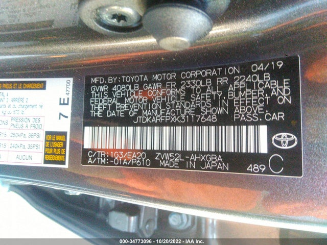 2019 Toyota Prius, VIN: JTDKARFPXK3117648