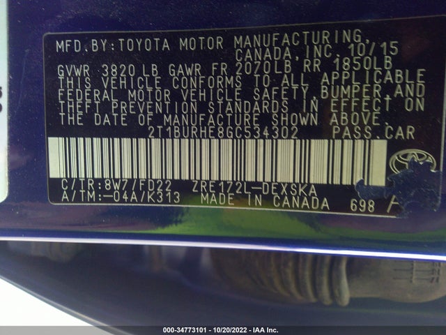 Toyota Corolla L/le/s/s Plus/le Plus 2016 2T1BURHE8GC534302 Image 9