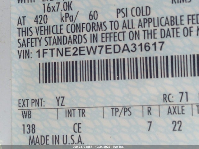 2014 FORD ECONOLINE CARGO VAN COMMERCIAL/RECREATIONAL VIN: 1FTNE2EW7EDA31617