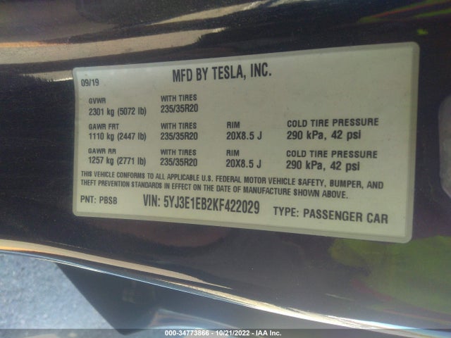 2019 Tesla 3, VIN: 5YJ3E1EB2KF422029