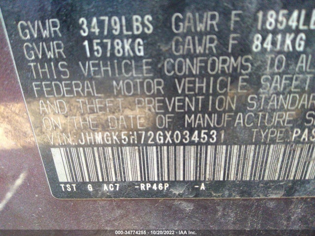 2016 Honda Fit, VIN: JHMGK5H72GX034531