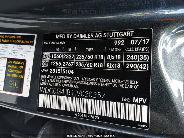 2018 MERCEDES-BENZ GLC GLC 300 VIN: WDC0G4JB1JV020257