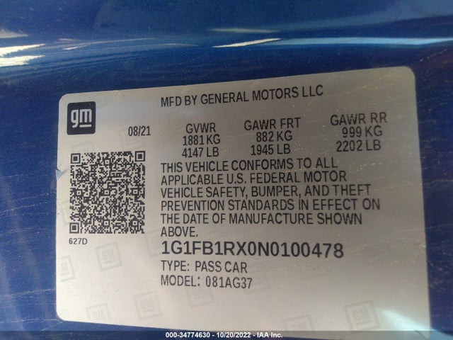 2022 Chevrolet Camaro, VIN: 1G1FB1RX0N0100478