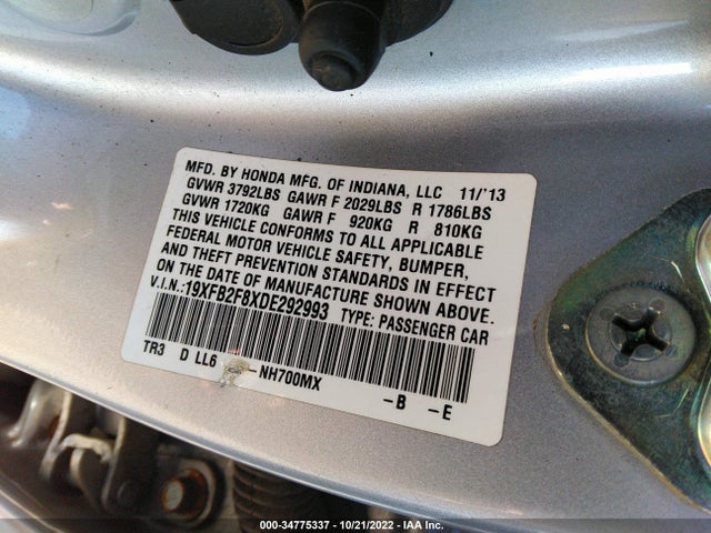 2013 HONDA CIVIC SDN EX VIN: 19XFB2F8XDE292993