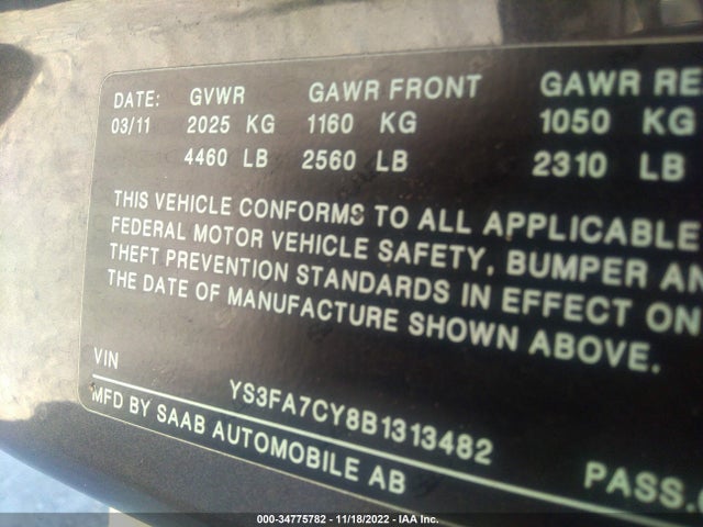 2011 SAAB 9 3 VIN: YS3FA7CY8B1313482